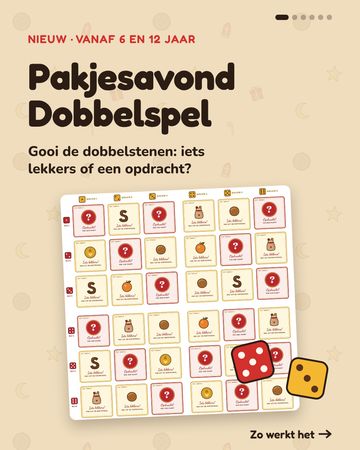 Het Pakjesavond Dobbelspel: een speelbord van 6 bij 6 vakjes met een rode en een gele dobbelsteen