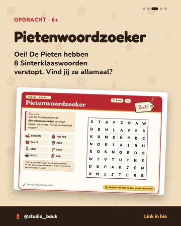Opdrachtkaart de Pietenwoordzoeker: vind 8 verstopte Sinterklaaswoorden