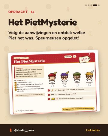 Opdrachtkaart het PietMysterie: volg de aanwijzingen en ontdek welke Piet het was