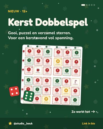 Het Kerst Dobbelspel: een speelbord met rode, groene en gouden kaartjes en twee dobbelstenen