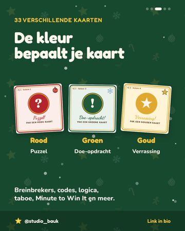 Kerst Dobbelspel: rode puzzelkaarten, groene doe-opdrachten en gouden verrassingen